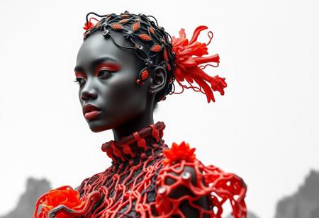 Art Direction for a poster. 8w Create high-fashion with an Android model. image inspired by both volcanic lava and natural crystals, Generate visuals of couture garments with vibrant colours, featuring intricate lattice structures crafted using 3D printing techniques, monochromatic background, and avant-garde aesthetic.