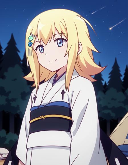 <lora:zeruel-tenma-white-s1-ponyxl-lora-nochekaiser:1>, zeruel tenma white, blue eyes, blonde hair, hair ornament, hairclip, japanese clothes, kimono, sash, obi, white kimono,