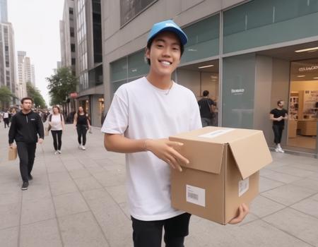 A crisp and clear scene featuring a young Asian YouTuber standing on a bustling street. This individual has a confident and energetic demeanor, typical of a content creator. They are holding a box, possibly containing merchandise or items for an unboxing video. The street setting should be vibrant, with pedestrians, shops, and city life in the background. The YouTuber's attire should be trendy and casual, reflecting their online persona. Their face should show enthusiasm, possibly hinting at the excitement of sharing the box's contents with their audience. The photograph's quality should be of high resolution, ensuring every detail, from the YouTuber to the box and the surrounding environment, is captured with sharpness and clarity.,<lora:onedarll:0.75>