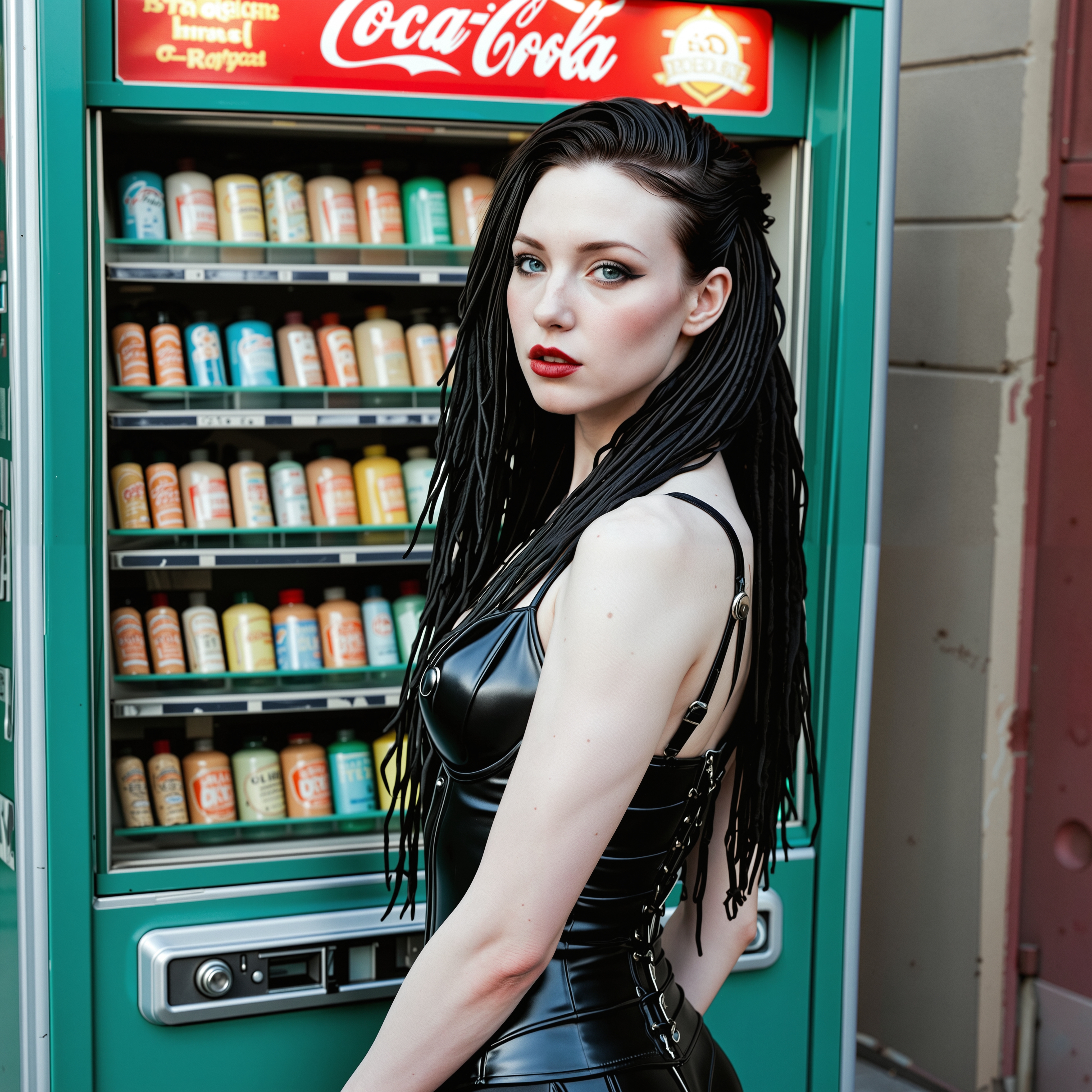 pale beauty, ((Gothe woman)), (analogue photo) of a beautiful 20 years woman with ((black hair)) and (((pale skin))), <lora:Brenna_SDXL:0.6>, she has white makeup, dark lipstick and eyeshadow, ((pale skin)), (blue eyes) woman, ((oval face)), black haired woman ,In a jade vinyl corset over a mesh bodysuit, her black lipstick glossed with green shimmer, she poses in front of a flickering cyberpunk vending machine in a trash-strewn alley., (dreadlocks:1.3),,photo Fantasy art combining the styles of Boris Vellejo and Luis Royo, Photorealistic, real photo, god rays, 1girl, 21yo,realistic, ,Sexy pose, erotic pose, exhibitionism ,The Golden Gate Bridge in San Francisco with its iconic red color and bay views