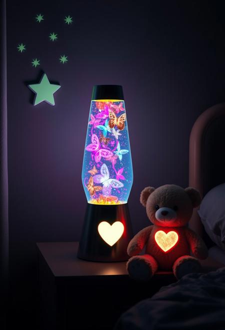 "Create a hyper-realistic image of a butterfly-themed lava lamp on a nightstand in a dark room. The lamp is lit, with colorful, swirling liquids and glittering butterfly-shaped particles suspended in a mesmerizing dance. On the wall, a nightlight projects a constellation of bright, five-pointed stars. Next to the lamp, a small teddy bear sits with a glowing heart-shaped light on its chest, radiating warmth and comfort. The lamp's soft glow and the bear's gentle light bring joy and reassurance to the dark room, creating a cozy and peaceful atmosphere." Octane render, Highest-Quality, 8 k, intricate details, visually stunning, Masterpiece