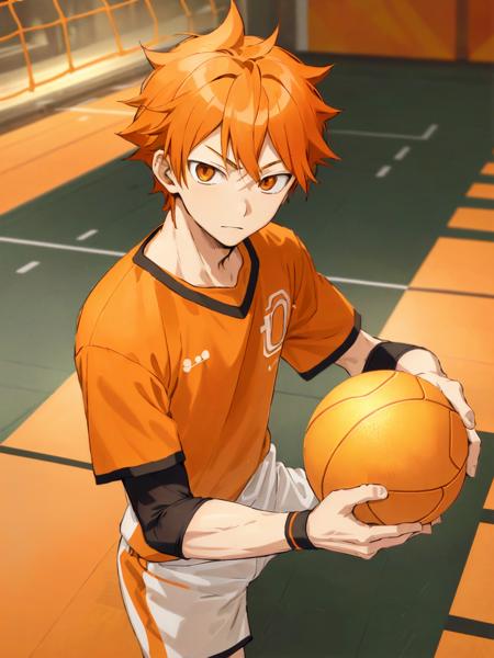 <lora:ShouyouHinata:0.6>,high res, masterpiece, Sgouyou Hinata , orange hair, solo, 1boy, male, volleyball court, indoors, detailed eyes, ((orange eyes))