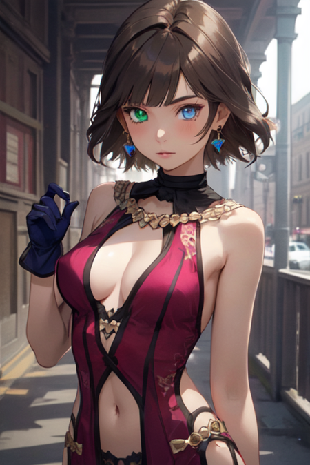 YunaLadyLuck, 1girl, solo, short hair, heterochromia, blue eyes, green eyes, brown hair, gloves, dark pink dress, navel, jewelry, earrings, clothing cutout, medium breasts, 