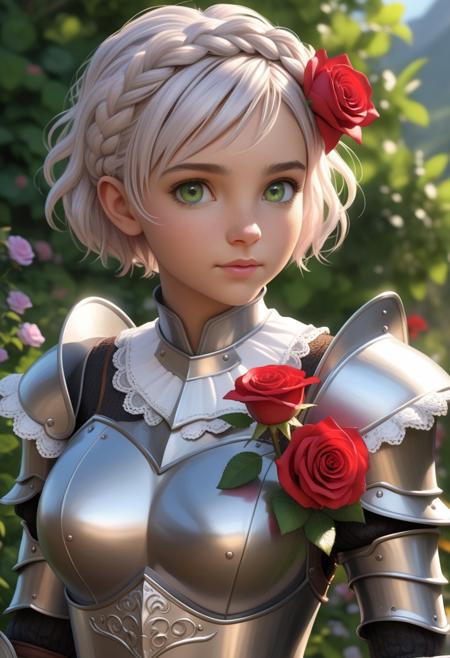 photorealistic, octane render, best quality, 1girl, petite, short girl, noelle gi, short hair, white hair, green eyes, braid, hair flower, red rose, knight armor, fantasy armor, maid skirt, belt, looking at viewer, sharp focus, (8k), (4k), (Masterpiece), (Best Quality), (realistic skin texture), extremely detailed, intricate, hyper detailed, illustration, soft lighting, high resolution, sharp detail, vivid, colorful, outdoors, nature, <lora:noelle by Goofy Ai:1>, <lora:add_detail:0.6>,