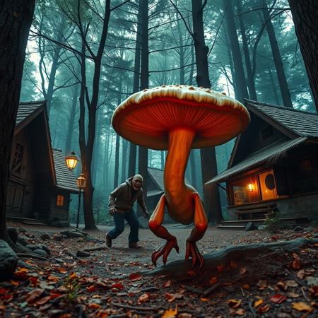 (masterpiece sci-fi dark gritty hyperrealisitic security cam footage 8k)  fungi happy capibara zombie thing attacking a cozy perfect forest town, atmospheric lighting, dappled light forest