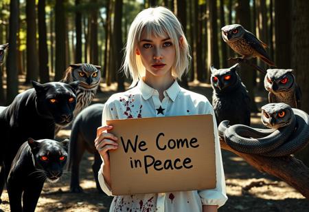In a sunlit forest clearing, a young woman in her early twenties stands eerily still. Her silver-white hair and pale, almost translucent skin are stark against her white blouse, which is stained with dark red splatters. A simple black five-pointed star on her chest adds an unsettling graphic element. Despite the bright day, her eyes glow with a faint but disturbing crimson light, cutting through the sunlight with an eerie intensity.
Encircling her are twelve wild animals in a surreal formation. A sleek black panther, its fur catching the sunlight in a glistening manner, crouches nearby, its eyes reflecting an unnerving red. Two owls, perched on sunlit branches, blink their glowing crimson eyes slowly, surveying the scene with an unsettling calm. A large snake, with iridescent blue-black scales, coils around a sunlit branch, its gaze menacing.
The focal point of the scene is the cardboard sign the young woman holds. It reads, ‘We Come in Peace,’ scrawled in crude, black marker. The sign, though worn and out of place, stands out starkly against the surreal, eerie backdrop. The forest floor is dappled with sunlight, but the shifting shadows and the stark contrast between the bright day and the unsettling presence of the girl and her animal entourage enhance the scene’s eerie, unsettling quality.