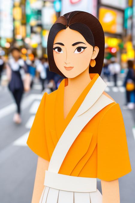 papercut of a young woman on a busy street in tokyo