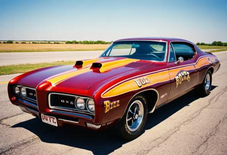 VintageMuscleCar gleaming colorful Pontiac dragster, road, landscape, 4K, highly detailed, closeup (stylish grainy analog film photo 35mm, "BUZZ")