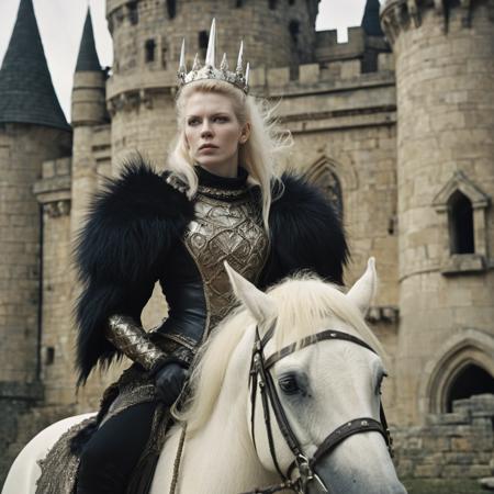 establishing shot, A powerful witch queen wearing a fur armor, pale skin, (faint of enigmatic smile:0.25), stern, looking at viewer, eye contact, portrait, vintage photo, riding a white horse, castle chambers, 