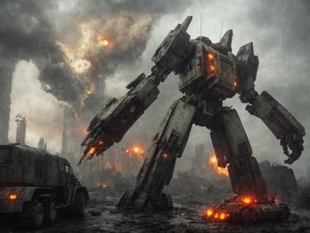 better mecha crushing an upside down tank with its weight, realistic, dystopian, raining, wet, rust, blood, post-apocalyptic, nuked city, landscape, blinding light, fire, explosion, highrise complex, nuclear fire