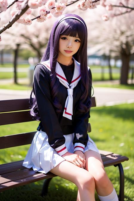 ultra-detailed,highly detailed,best quality,masterpiece,illustration,realistic,
daidouji tomoyo, tomoeda elementary school uniform, 1girl, solo, cosplay,
hairband, sailor collar, serafuku, long sleeves, neckerchief, pleated skirt, bobby socks,mary janes,
purple eyes, purple hair, long hair, bangs,
outdoors, photo background, cherry blossoms, day, tree, blurry background, grass, depth of field, flower, spring \(season\), petals, falling petals,
looking at viewer,adjusting hair, sitting on bench, 
<lora:daidouji tomoyo_xx_v1_06:0.7>