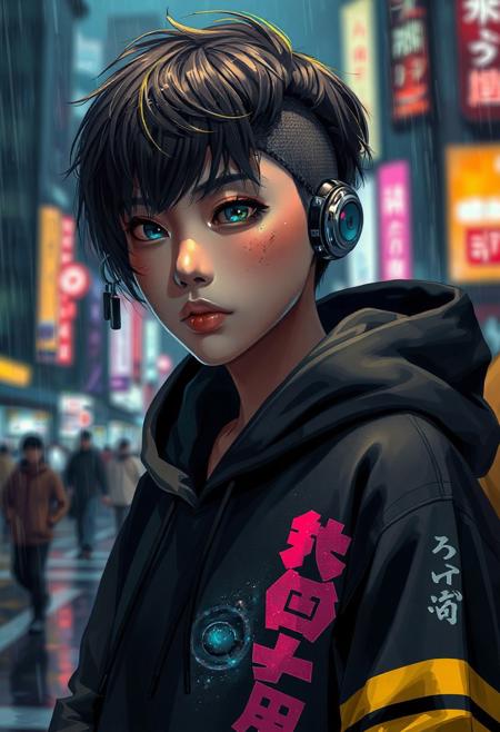 A 4K photorealistic photograph  of a Half-Japanese  male hacker. More Caucasian with freckled nose and cheeks. Black hair with golden frosted tips. Aged 28. Cyberpunk clothing. Hi tech chrome and carbon fibre one eared headset. Bold graphic styled Hoodie with Japanese lettering down a sleeve and a bold golden stripe down each sleeve   The girls eye pupils have swirling Galaxy of stars and specks floating in a nebula pattern   Posed in front of a Rainy city at nite