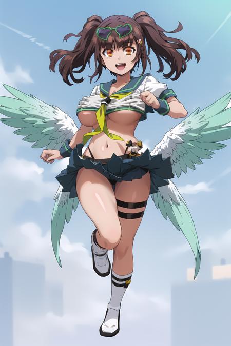 solo, 1girl, raphael, twintails, raphaeloutfit, school uniform, skirt, underboob, midriff, eyewear on head, white socks, full body, smile, open mouth, wings, sky, flying <lyco:RaphaelV1:0.8>