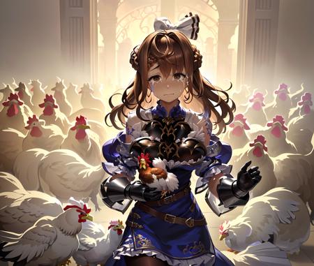 (best quality, masterpiece, highres:1.4), absurdres, (an illustration of a scared girl surrounded by chickens, there are dozens of chickens, there are chickens everywhere, standing, holding a large rooster, rooster, chicken, she is completely covered and overwhelming by chickens), holding animal, hugging animal, she is holding the rooster with both hands,    facial mark, facial tattoo, she has a facial mark of glowing blue lines in a jagged grid-like pattern, magic lines on face and body,  ( she has beautiful piercing eyes, clear eyes, rendered eyes:1.4) , realistic face, beautiful face, perfect face, detailed face, ultra-detailed, nose, volumetric lighting, 4k, cygames, official art,  (cowboy shot), realistic, (uncensored),  ((, crying, tears, scared, surprised, nervous, sweatdrop, closed mouth:1.3)),
1girl, brown hair,  ((brown eyes:1.5)), gauntlets, pantyhose,  armor, blue dress, looking at viewer, dress, bow, frills, hair bow, hair between eyes,  puffy sleeves, short sleeves, black pantyhose,  long hair, , white bow,  braid, bangs, armored dress,  frilled dress, puffy short sleeves, medium breasts, breastplate, medium hair,  brown pantyhose, belt, brooch, ribbon, jewelry,  frilled sleeves, hair ornament, skirt, shoulder armor, white shirt,   shirt,  gem,  blue bow,   hair ribbon, (tareme:1.2), petticoat,   french braid, juliet sleeves,  <lora:MaishaLocon:1.0>,
(chicken, chickens, many chickens, many animals, tons of chickens, hundreds of chickens, chickens, birds, animals, flock, flock of chickens:1.5)