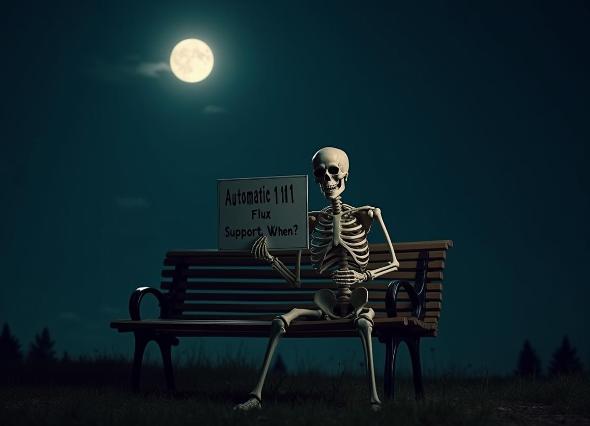 a human skeleton holding a sign that says "Automatic1111 Flux Support When?", sitting on a bench on a bench on a dark night lit by the moon