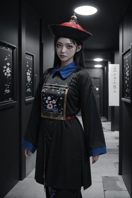 ((masterpiece)),((best quality)),8k,high detailed,ultra-detailed,intricate detail,cyberpunk,((1girl:1.2)),jiangshigirl costume,dressed as a jiangshi in a futuristic office corridor,(huangfu paper on head),Solo, (haunting background:1.2), (sinister atmosphere), (spooky environment), Detailed depiction of jiangshi girl with huangfu paper on head, (eerie pose:1.1), (creepy lighting), Visual effects with motion blur and eerie elements, ,<lora:QDjiangshi:0.8>,