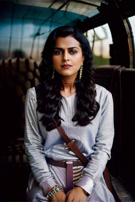 ShraddhaSrinath, [ (art by John Batho:0.9) ,art by Geof Kern::3], photograph, [Avant-Garde|Decorative] [Western|Empire] Girl driving a Millennium Falcon, Palauan hair, Sad, Light caustics, Kodak portra 800, L USM,  <lora:ShraddhaSrinathSD1.5:1>