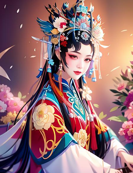 1girl, solo, branch, jewelry, hair ornament, flower, hair flower, holding, tassel, makeup, Artist, Chinese theatrical costume, Peking Opera