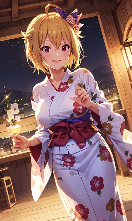 tsubasa ibuki (million live), hairband, (best quality, 8K, masterpiece, ultra detailed:1.2), (cinematic angle:1.1),
night, sparkle, light particles, wide shot,
1girl, solo, smile, yukata, (gigantic breasts:1.1),