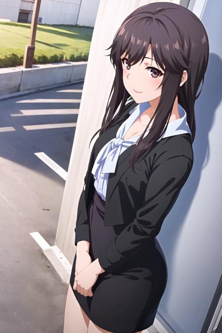 solo, standing, looking at viewer, outdoors, sunny, normal angle, smile
 <lora:Ryou Amagi:0.7> ryou amagi, black dress