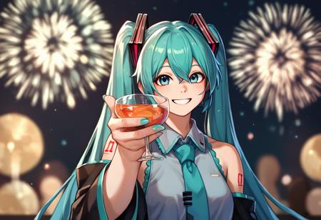 smile holding cup fireworks