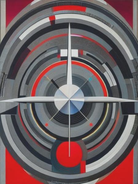 <lyco:PaulLaffoley:1.0> Artificial intelligence with abstract geometric shapes, mainly tones of grey with minimal red accents, surreal painting by Paul Laffoley.