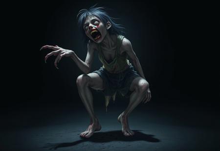 A full-body character portrait viewed from the knees up, set against a dark, shadowy background with ample negative space around the figure, illuminated by a faint, eerie backlight.
The subject is a zombie girl depicted in a slightly exaggerated and hyperbolized style. Her tattered, bloodstained clothes cling loosely to her decayed frame, while her bare feet press into the ground with unsettling realism. Her grotesquely twisted posture reveals a deeply contorted spine, creating a hunched, predatory stance.
One arm stretches forward unnaturally, claw-like fingers reaching out as if grasping for something unseen, while the other dangles stiffly at her side, motionless and lifeless. Her legs are bent inward, crouching low in a menacingly spring-loaded pose. Her head tilts unnaturally to one side, mouth gaping in a jagged, predatory snarl, revealing crumbling, rotting teeth.
Her expression is a chilling blend of confusion and mild aggression, her vacant, milky eyes staring out into the void. The gritty and raw atmosphere heightens the sense of impending danger, the dim backlight casting sharp shadows that emphasize the grotesque details of her decayed form.