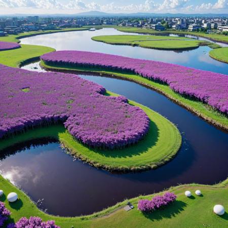 (stylized by Shigenori Soejima:1.0) and (Takashi Murakami:0.7) and (KÅji Morimoto:0.9) , anime key visual, intricate details, Landscape of a ("The Shape of Improvement":1.3) , it is very Jealous and Morbid, dense pond and water, Clear skies, soft focus, Cel shaded, Cozy, Futurepunk, Nostalgic lighting, 800mm lens, Albumen, fluorescent purple flakes, delicate, Flickr, dslr