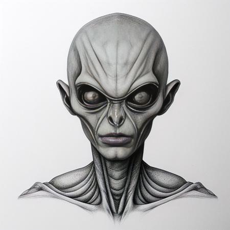 portrait of an alien, drawing, detailed <lora:monochrome :.5> <lora:Dylan:.5>, old paper