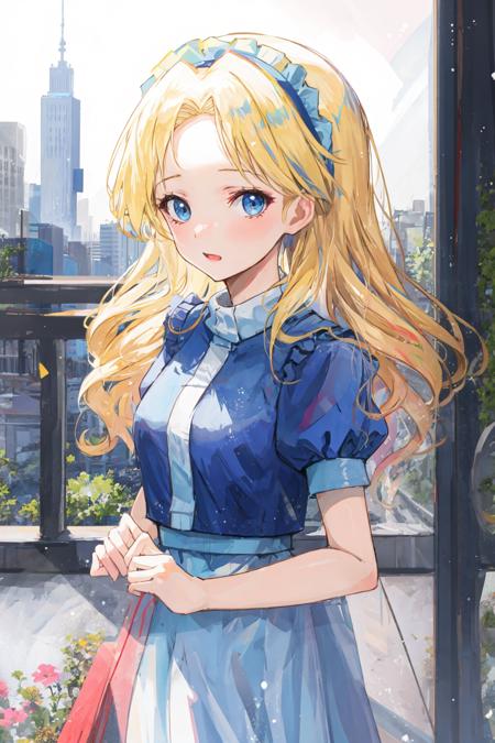 mariarobotnik, portrait, long hair, blonde hair, blue hair, hairband, blue dress, puffy sleeves, embarrassed, looking at viewer, city <lora:maria_robotnik-v2:1>