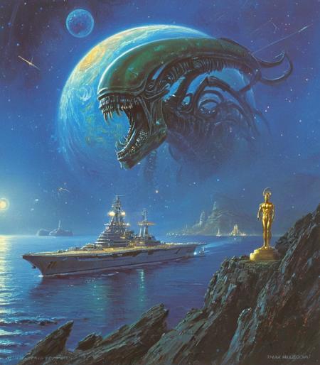 on a modern battleship, xenomorph captain, mycenaean temple, greek coast, far zoomed out, cosmic landscape, style of Ivan Aivazovsky, planet earth, detailxl, soviet new year postcard, far zoomed out, (bismarck:0.9), (John Harris Style page:0.5), <lora:mgl_Soviet_New_Year_Postcards:1>, <lora:Bismarck_Battleship:0.9>, <lora:John Harris Style:0.5>,
