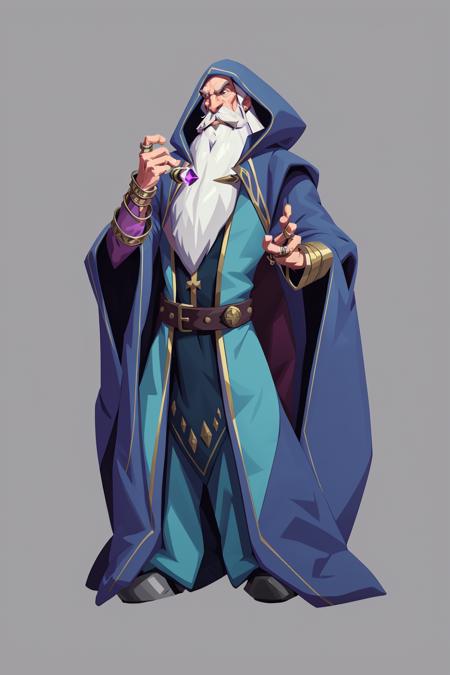 mstoconcept art, european and american cartoons, game character design, solo, 1boy, MAGICIAN, MALE FOCUS, BEARD, FACIAL HAIR, SIMPLE BACKGROUND, GRAY BACKGROUND, WIZARD, FULL BODY, STANDING, HOOD, ROBE, OLD, JEWELRY, WHITE HAIR, BRACELET, WIDE SLEEVES, OLD MAN, BELT, GEMSTONE, LONG SLEEVES,<lora:oukaV5:0.8>,