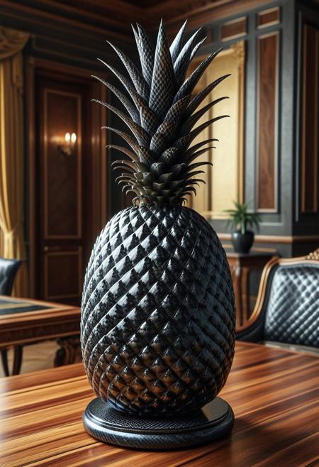 cf_style, carbon fiber pineapple, on wooden table, rich mansion interior, masterpiece, best quality, highly detailed, high resolution, absurdres
