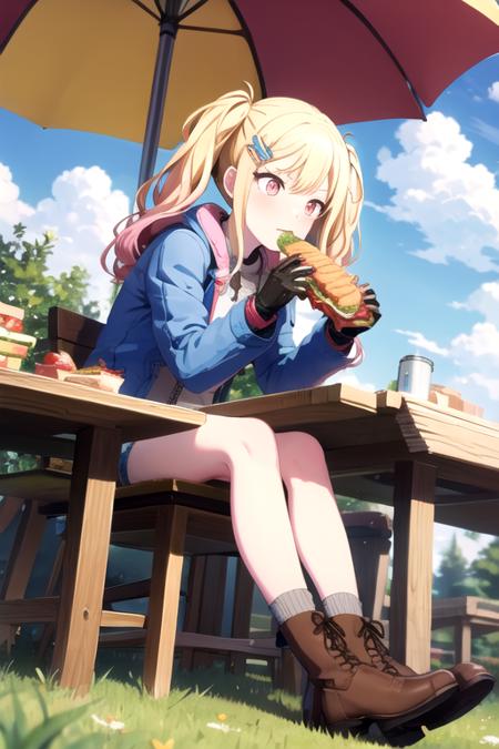 <lora:TenmaSaki-03:0.75>, 10ma_s, 1girl, solo, long hair, blonde hair, hair ornament, gloves, long sleeves, holding, twintails, jewelry, sitting, jacket, pink hair, boots, outdoors, food, open clothes, sky, shorts, day, socks, hairclip, cloud, fingerless gloves, pink eyes, blue sky, umbrella, chair, brown footwear, eating, table, white jacket, grass, holding food, building, cross-laced footwear, lace-up boots, sandwich, tomato, thermos