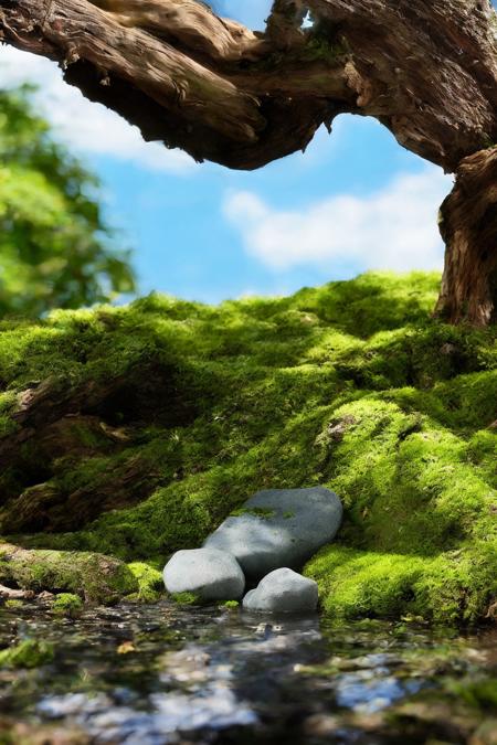 <lora:moss_v2-000001:0.6>,moss\(style\),(blue sky),clouble,sunlight,no humans,scenery,water,stone,tree-root carving,inverted image,day,moss,