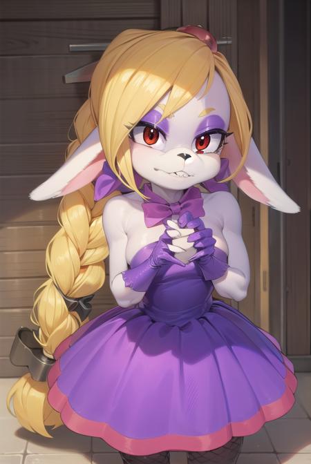 hariet, long hair, blonde hair, (red eyes:1.5), animal ears, braid, rabbit ears, eyelashes, makeup, rabbit girl, animal nose, buck teeth, pink eyeshadow, eyeshadow, (furry female:1.5), furry, hair ornament, gloves, dress, bow, bare shoulders, bowtie, strapless, fishnets, purple dress, furry, purple footwear,