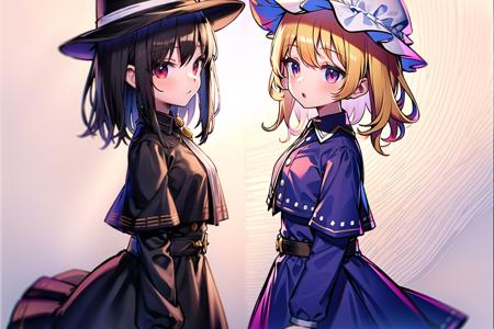 best quality, ultra high res, 
AND  2girls, facing left, looking at another, from side, <lora:renko:1>, black victorian hat, short black hair, black capelet, white shirt, red eyes, 
AND 2girls, facing right, looking at another, from side,  <lora:maribel_hearn:0.7>, white soft hat, purple dress, short wavy hair, blonde hair,