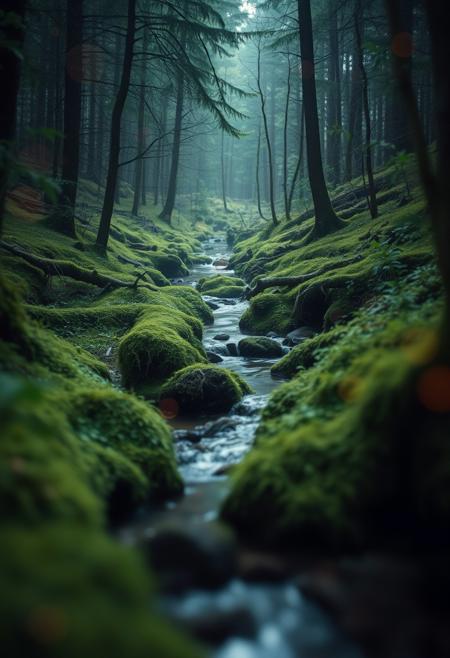 swamps in deep taiga, mossy overgrown stream, kikimora, fantasy, score_9, psychedelic art, extremely sharp focus, light leaks, unusual colors, abstract multilayer texture, by Abigail Larson