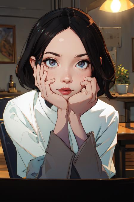 (sidelighting, finely detailed beautiful eyes: 1.2), portrait, realistic, 3d face, lustrous skin, (masterpiece, best quality, beautiful quality, looking at viewer, detailed lighting, shadows, 8k:1.4), (a picture of a woman, hand on face, looking at viewer, black hair, big room, restaurant, light, solo, black eyes, 1girl:1.4), <lora:Ayano Omoto:0.8>, Ayano Omoto,