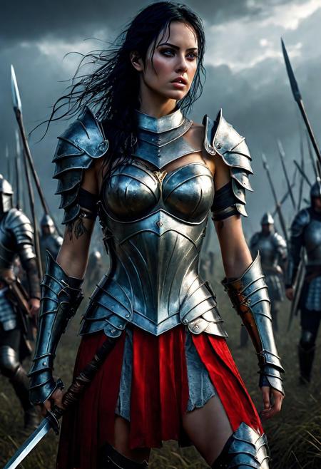 Ultra detailed digital art masterpiece beautiful Brett Cooper as Warrior girl dressed in a iron Armor and red mini skirt, Standing on a battlefield at the head of an army of knights, where a bloody slaughter is taking place, standing in battle pose, a dark epic fantasy, perfect lighting, beautiful Warrior girl, attractive woman, elegant, beautiful woman of athletic body, epic shot of the whole Warrior girl, unreal engine 5 nanite quality, dark fantasy, dark environment, very stormy day, LOTR style, dark washed out eyeliner, no make up, natural bloody pale face, pale skin, realistic brown eyes, ultra detailed atmospheric details, beautiful glowing effects, sparkle effects, realistic body proportions, beautiful face proportions, complex masterpiece, wavy raven black hair, creative glowing detailed tattoos, complex physics, enhanced colors, complimentary colors, ultra detailed raytracing reflections, Ultra detailed complex background, environment feels alive, direct eye contact, dramatic lighting, wet and sweaty skin, beautiful firm Breasts, Daylight, Concept art by Greg Rutkowski, adding to the intense and dynamic atmosphere of the scene.