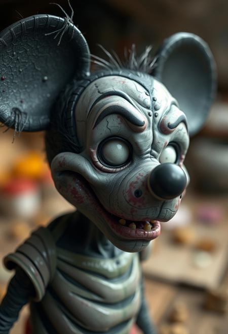 Mickey Mouse as a real life charater, he is a zombie, hyper realistic, ultra detailed skin surface, ultra detailed hair