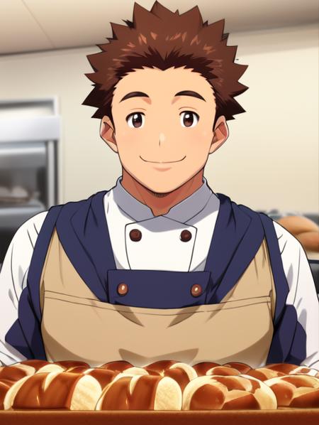 best quality, masterpiece, highres, detailed, realistic,  <lora:Detail - add_detail:0.2>, BakerCh, chef uniform, brown apron, bread,<lyco:Change - BakerCh:0.8>,  JunpeiShiba, spiked hair, brown hair, big smile, chubby,  <lora:Character - JunpeiShiba:0.5>