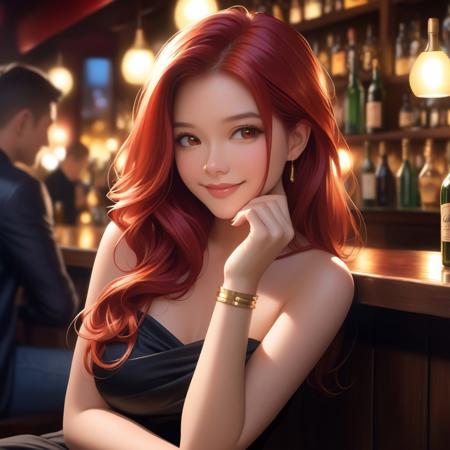 A realistic close-up portrait of a woman with long red hair cascading over her shoulder, sitting in a dimly lit bar setting. She is wearing a black strapless top and a delicate gold bracelet. Her pose is relaxed, with one hand slightly touching her hair and her chin resting lightly on her shoulder, exuding a subtle, confident charm. The background features warm, moody lighting with blurred bar details, including bottles and a soft spotlight above. The image captures a candid and intimate moment, with the woman’s expressive eyes and soft smile drawing attention. The overall composition is balanced with a cozy, nightlife atmosphere.
namora