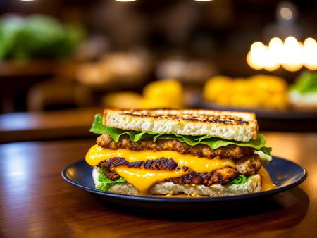 analog style, photorealistic, the most delicious grilled sandwich with sesame seeds with fried chicken, flowing egg yolk, lettuce, on a table in a cafe, dimly lit, light particles, haze, halation, bloom, dramatic atmosphere, centred, rule of thirds, 200mm 1.4f macro shot, <lora:epiNoiseoffset_v1:1>
