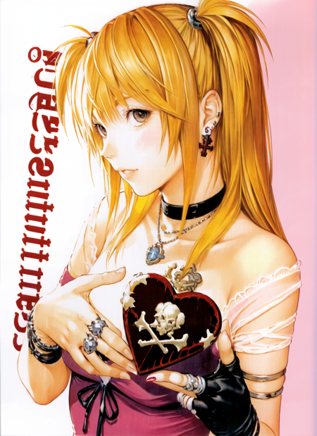 obata takeshi, masterpiece, best quality, 1girl, absurdres, amane misa, blonde hair, bracelet, brown eyes, cross, death note, earrings, fingerless gloves, heart, highres, jewelry, long hair, necklace, ring, scan, single glove, skull, skull and crossbones, solo, valentine <lora:obata_takeshi_offset:1>