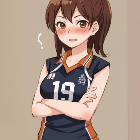 high quality, best quality, masterpiece, <lora:haikyuu-06:1>, h4ikyuu, 1girl, blushing, crossed arms, small breasts, mature woman