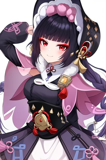 masterpiece, best quality, highres, solo, {yun_jin_genshin:1.10}, bangs, blunt_bangs, long_hair, red_eyes, black_hair, bonnet, capelet, smile, vision_\(genshin_impact\), tassel, purple_hair, pink_capelet, lolita_fashion, makeup, closed_mouth, breasts