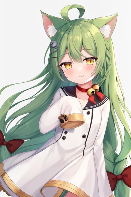 masterpiece, best quality, highres, solo, {akashi_azurlane:1.10}, animal_ears, cat_ears, green_hair, long_hair, ahoge, yellow_eyes, hair_between_eyes, bow, very_long_hair, bell, hair_ornament, blush, bangs, :3, mole, hair_bow, mole_under_eye, smile, 1girl, dress, long_sleeves, looking_at_viewer, sleeves_past_wrists, white_dress, jingle_bell, red_bow, sleeves_past_fingers, sailor_dress, simple_background, black_bow, white_background, brown_eyes, braid, sailor_collar