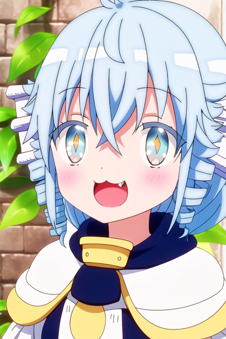 1girl, solo, fang, blue hair, open mouth, blue eyes, drill hair, :3, monster girl, smile, blush, looking at viewer, portrait, plant, :d, multicolored eyes, animal ears