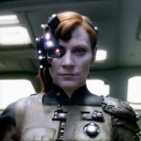 <lora:tngcrusher_z:1> red hair woman, cyborg, eyepatch, borg  <lora:trekborg:1>